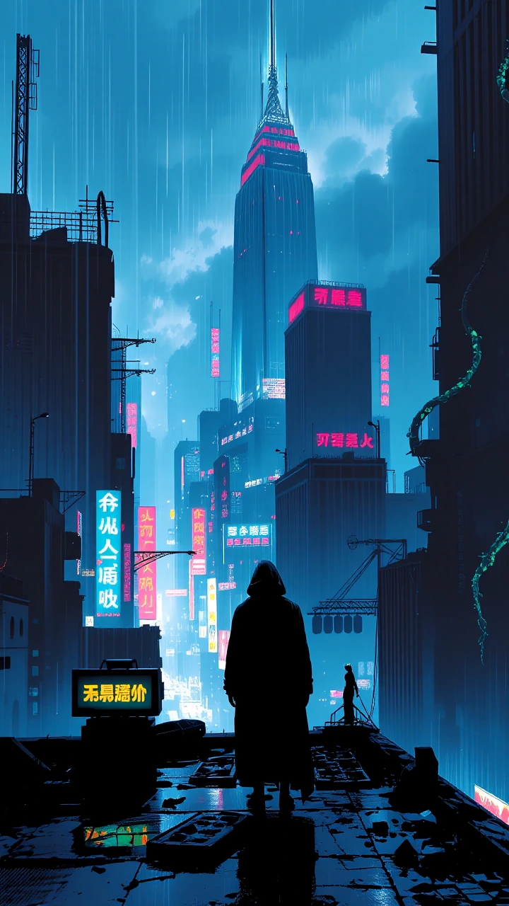 Lone figure silhouetted on a rooftop overlooking a cyberpunk metropolis in decay—towering skyscrapers dissolve into rain and cloud cover, neon signs f