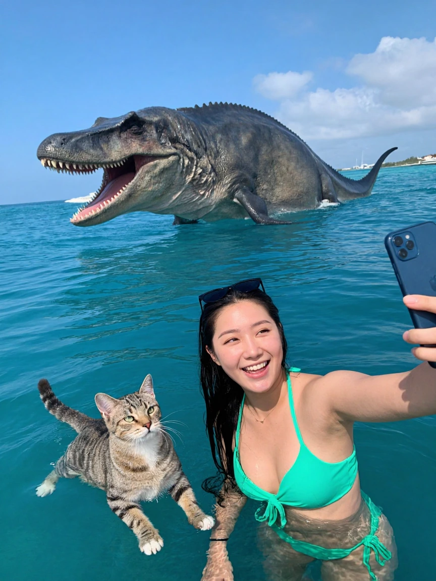 Dinosaur Hunter swimming with her cat, wearing a neon teal bikini, taking a selfie while getting photo bombed by a Mosasaurus the size of a house
