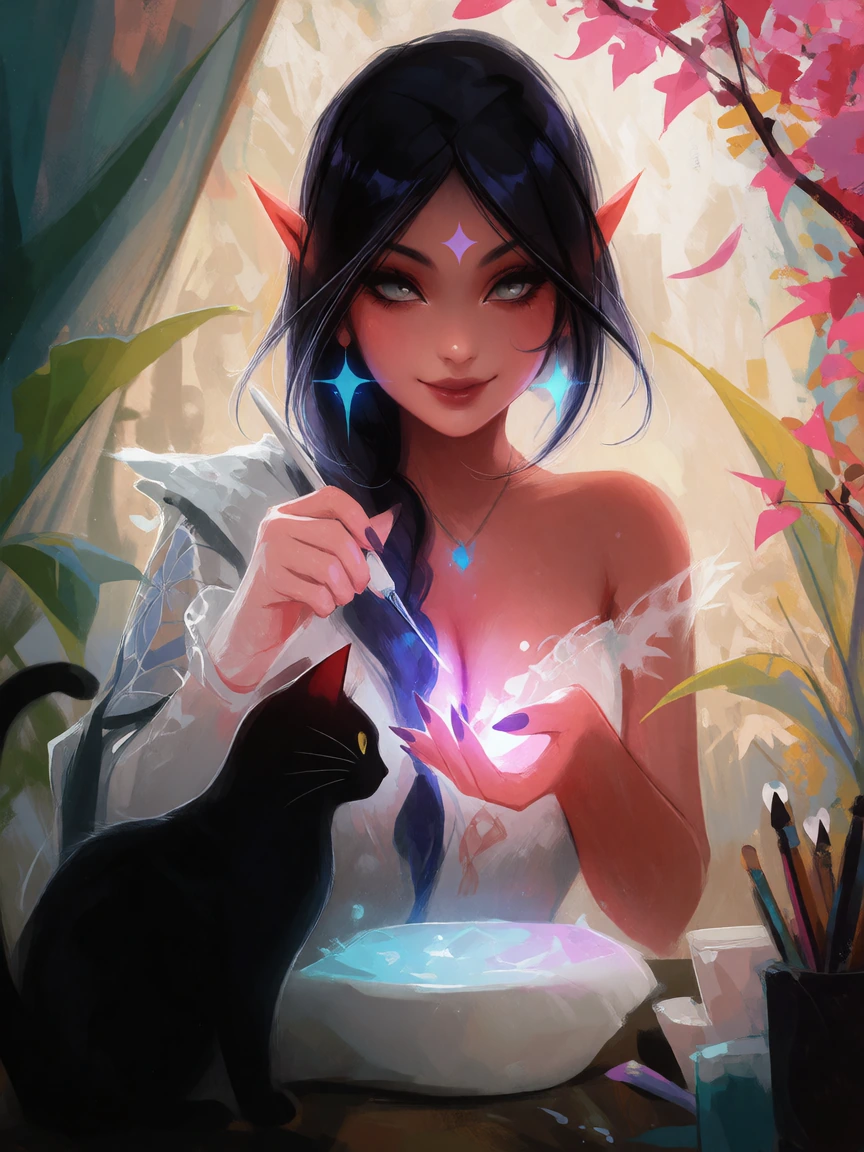 Beautiful dark elf getting a manicure with her cat.