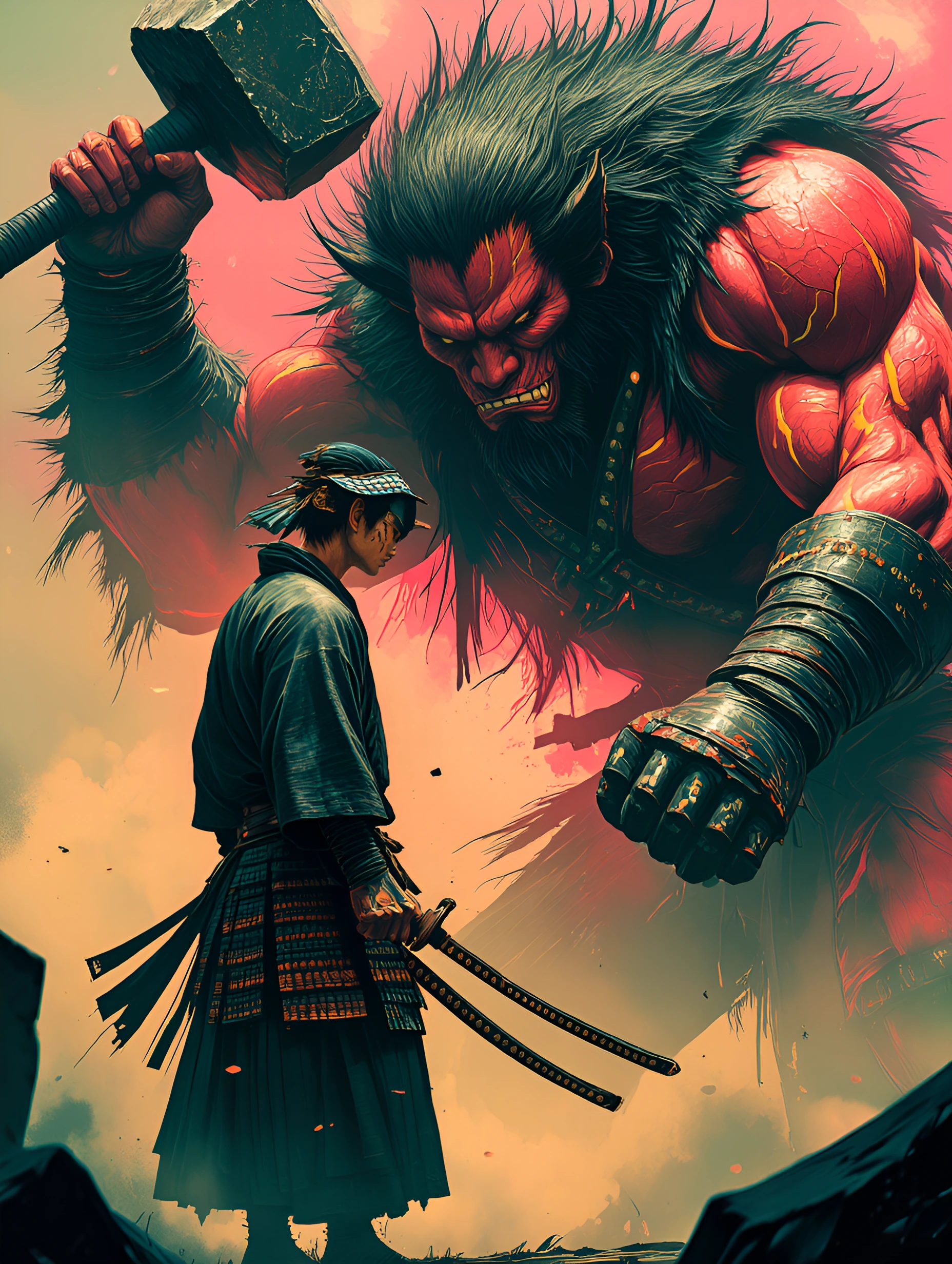 The Crimson and Azure coloured Samurai and the massive hyper-muscular horned Oni face each other ready to fight, standing in profile to the camera, th