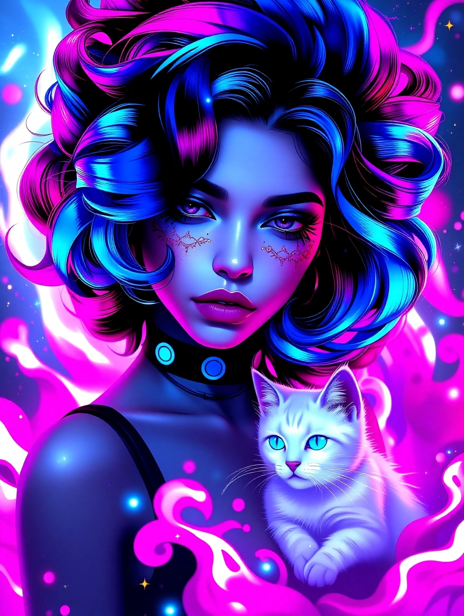 A striking digital illustration features a woman with voluminous blue-purple hair, adorned with neon light effects that glow cyan and magenta. Her violet eyes gaze downward with perfectly applied makeup and bold red lips. She wears a black choker and