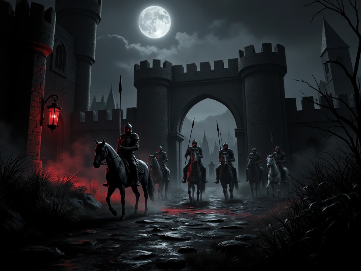 A shimmering night, a group of knights on horses riding out of the castle gate, armoured with speers and swords, orks lurking from the bushes, red eyes, 8k quality,