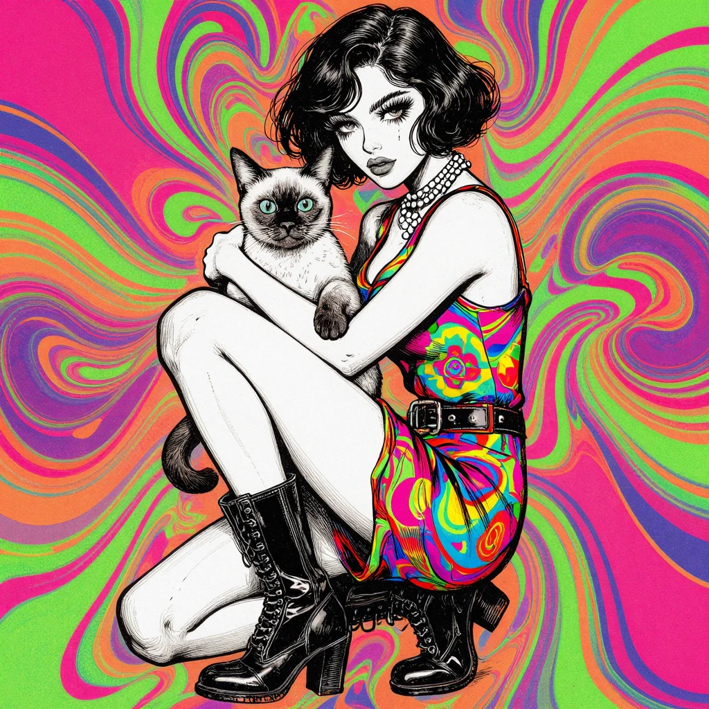 Woman in a psychedelic printed shift dress with go-go boots and false lashes holding her Siamese cat, illustrated in manga style with rich ink work, s