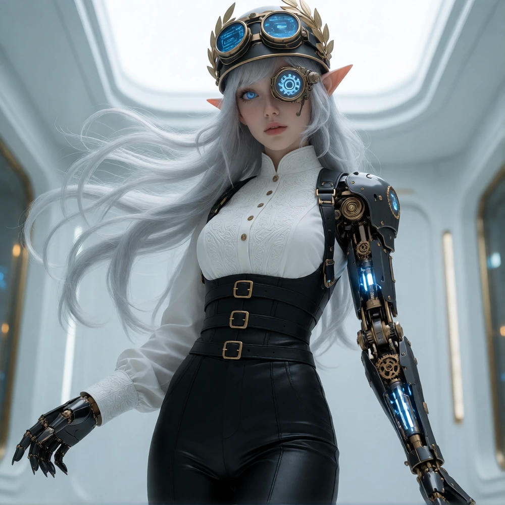 A highly detailed, realistic photo made on sony alpha camera of a futuristic elflike woman with pale silver hair and pointed ears, wearing a steampunk