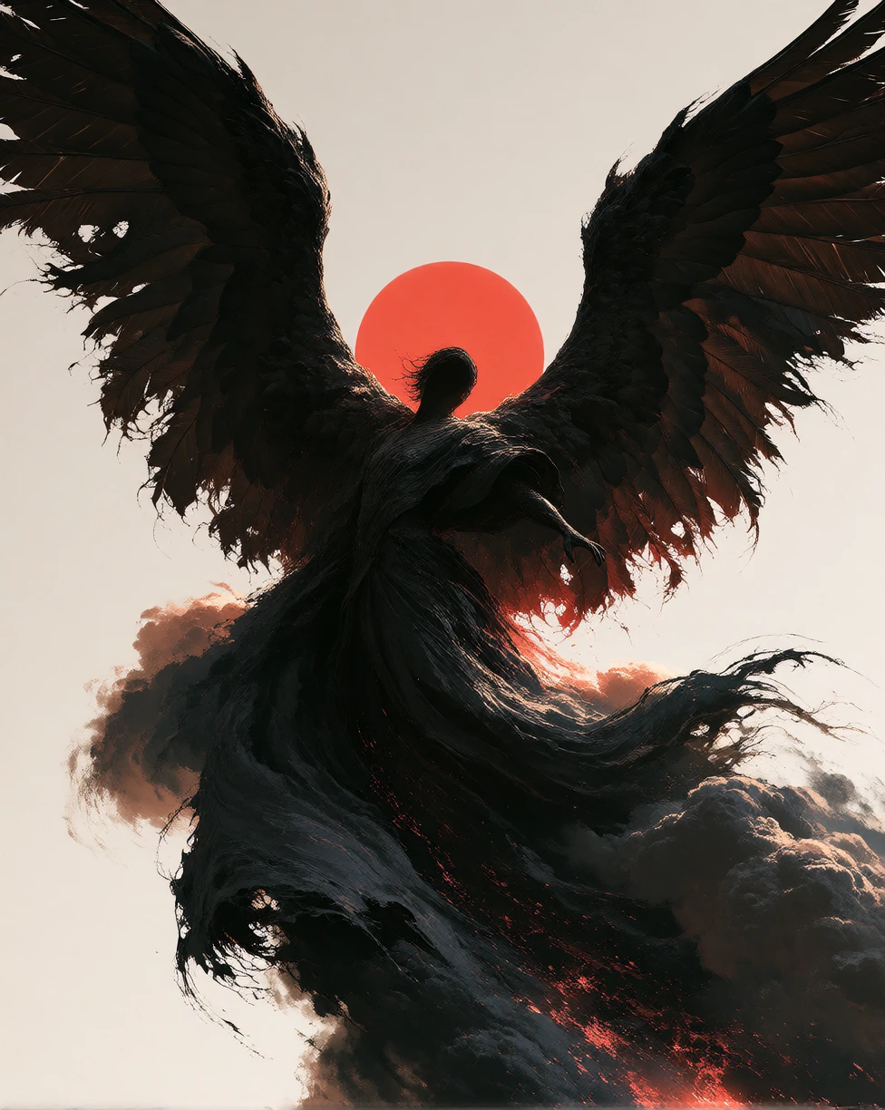 a mystical winged figure emerges from the center of a turbulent mass of charcoalblack clouds, its enormous tattered wings spread from edge to edge. A vivid red halo floats behind the hidden face and casts a narrow warm glow across the wing edges. Lay