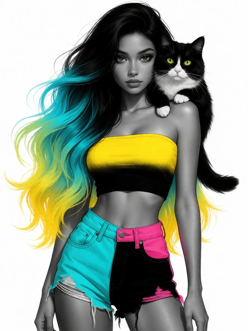 photograph ultra realistic Beautiful woman black aqua yellow ombre hair, cat on shoulder, aqua black pink jean cutoffs and yellow black tube top, India ink