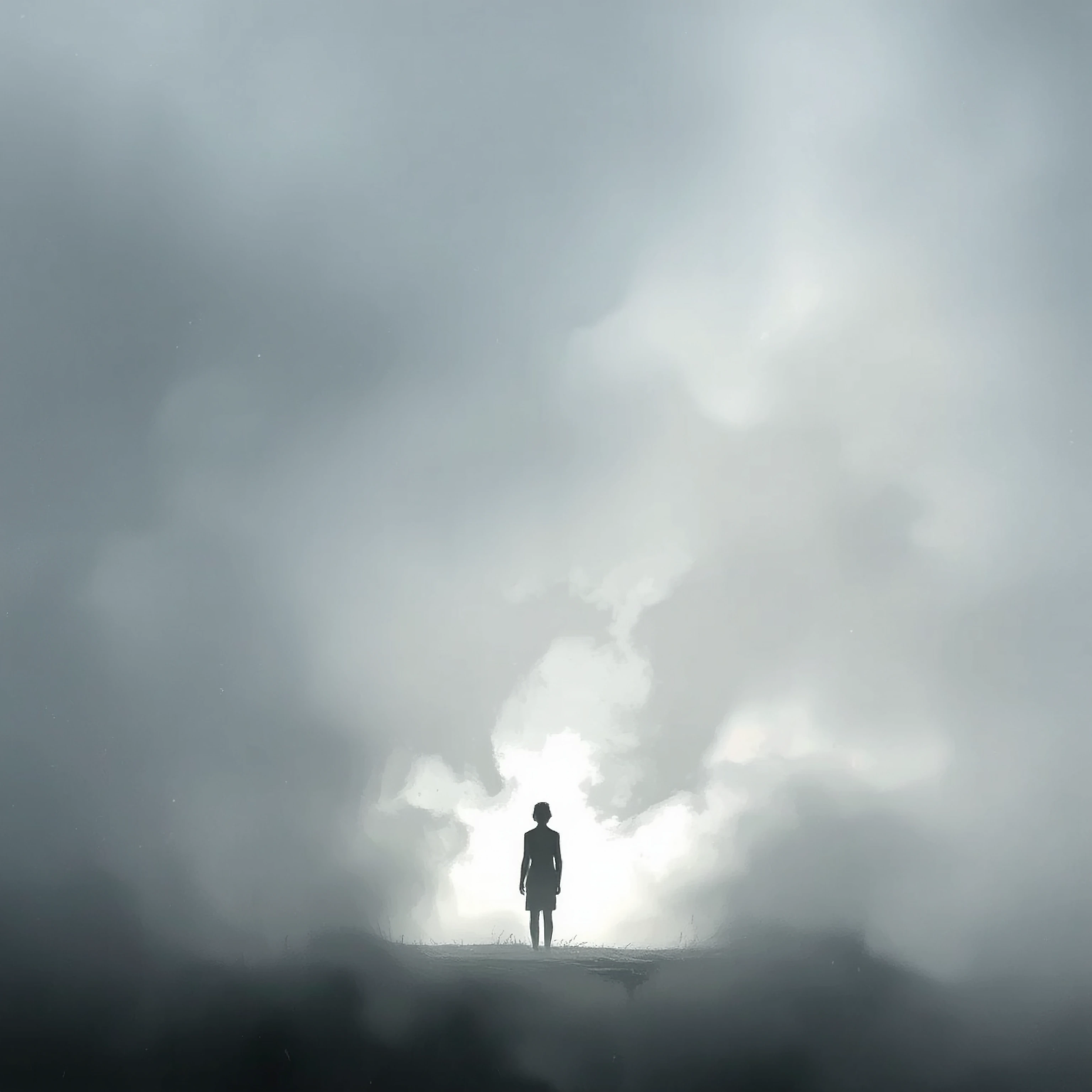 A solitary figure standing in pearl-grey mist, their form slowly dissolving and becoming translucent, silhouette fragmenting into wisps of fog, body merging with atmospheric haze, barely visible human shape fading into grey vapors, dreamlike dissolut