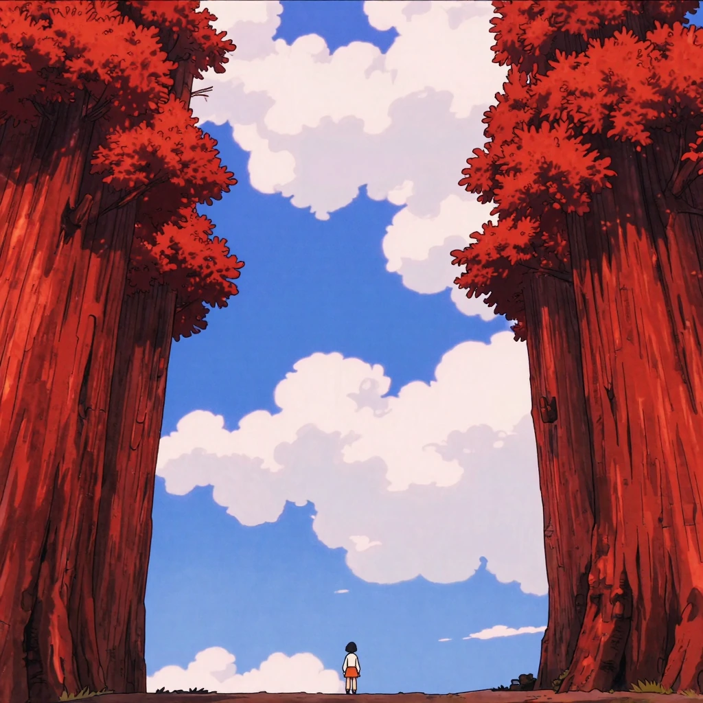 Awesome clouded sky, matte pastels only anime cliffside between two redwood trees