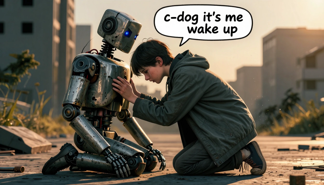 A young american boy kneeling sorrowfully beside a deactivated robot companion, tears welling in his eyes, his small hands gently shaking the robot's metallic shoulder, weathered chrome surface dulled and lifeless, LED eyes dark and empty, exposed wi
