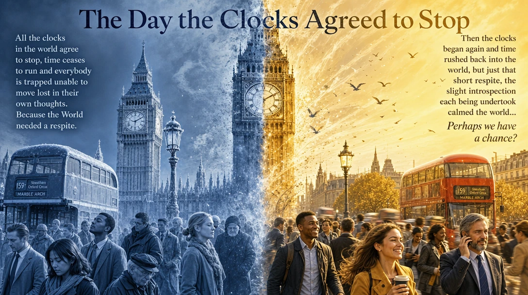 Text: Title: "The Day the Clocks Agreed to Stop" Lefthand side with time frozen London "All the clocks in the world agree to stop, time ceases to run and everybody is trapped unable to move lost in their own thoughts. Because the World needed a respi