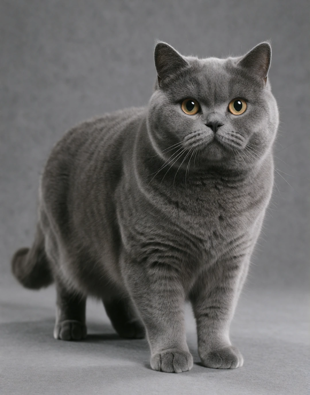 ull-body studio reference of a real cat, standing, neutral mid-gray seamless backdrop, soft even diffused lighting, photoreal, sharp detail, every marking clearly visible, no collar, no accessories A very large chunky gray British-shorthair-type cat,