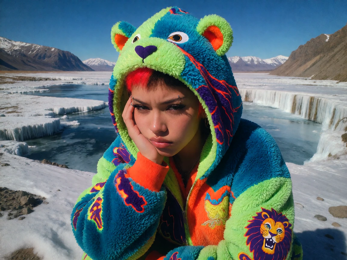 fluorescent green and azure blue subject, electric violet and orange highlights, woman, solo, bored, ,narrowed eyes,,, very short hair,neon red hair, split hair, hair up, ,, brown skin, eyelid piercing, unzipped lion onesie, ,icy blue landscapes:12, 