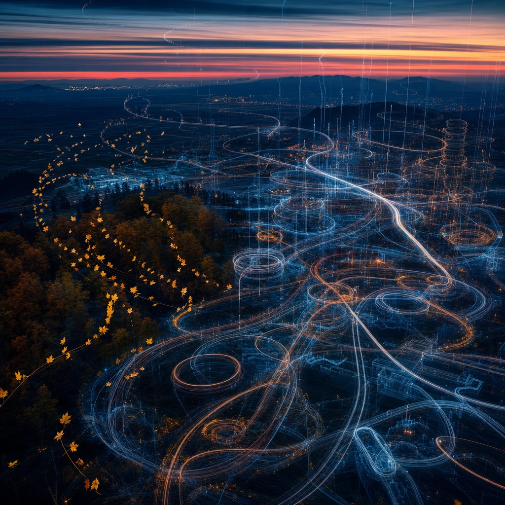 A landscape where every object traces glowing inverse paths through space—fallen leaves suspended mid-air in looping arcs above forest floor, rain droplets rising upward as luminous threads rewinding through clouds, tire tracks lifting from asphalt a