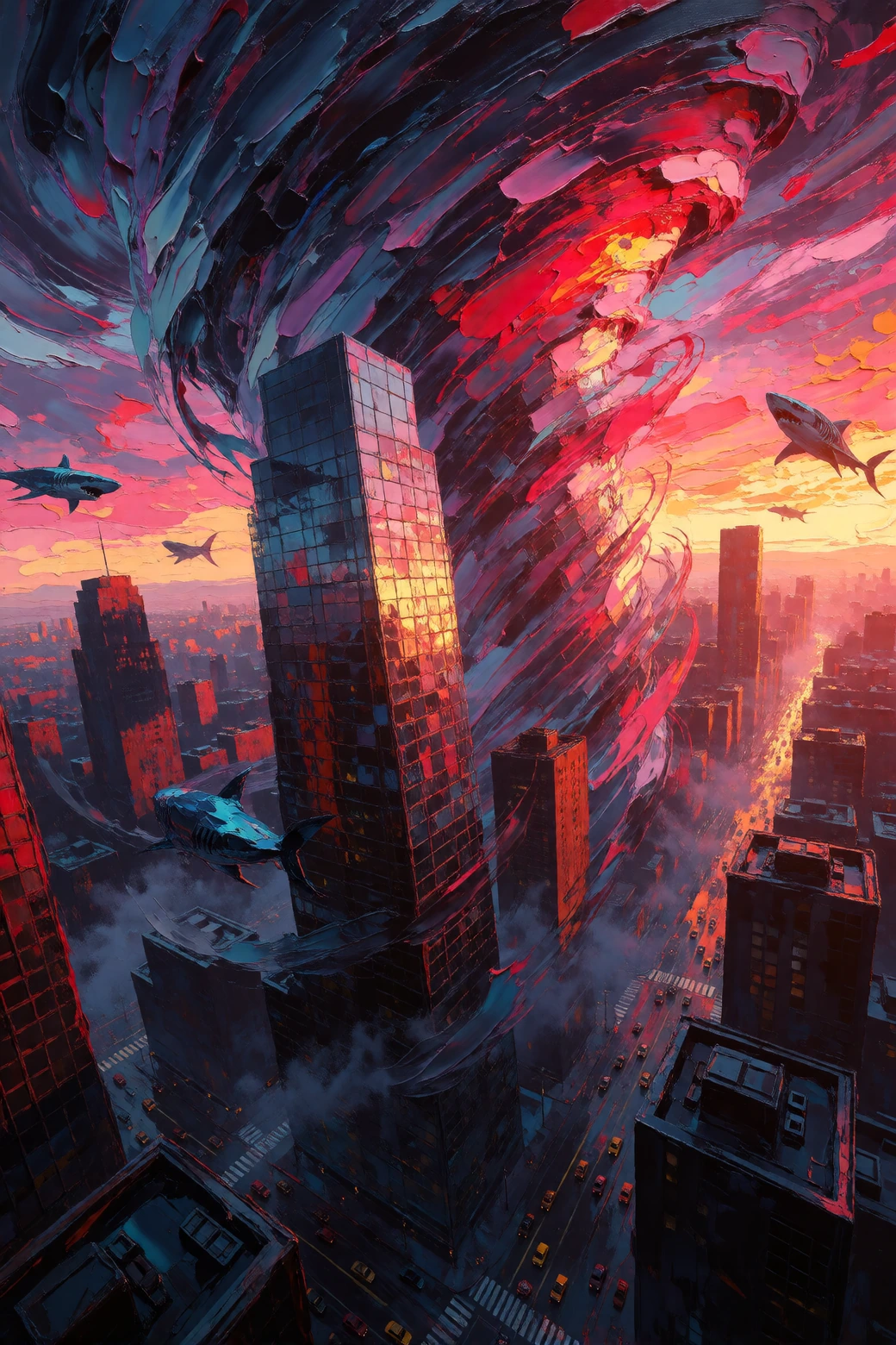 Expressionist oil painting closeup of a tornado full of man eating sharks, towering urban skyscrapers at dawn, heavy impasto style featuring massive, 