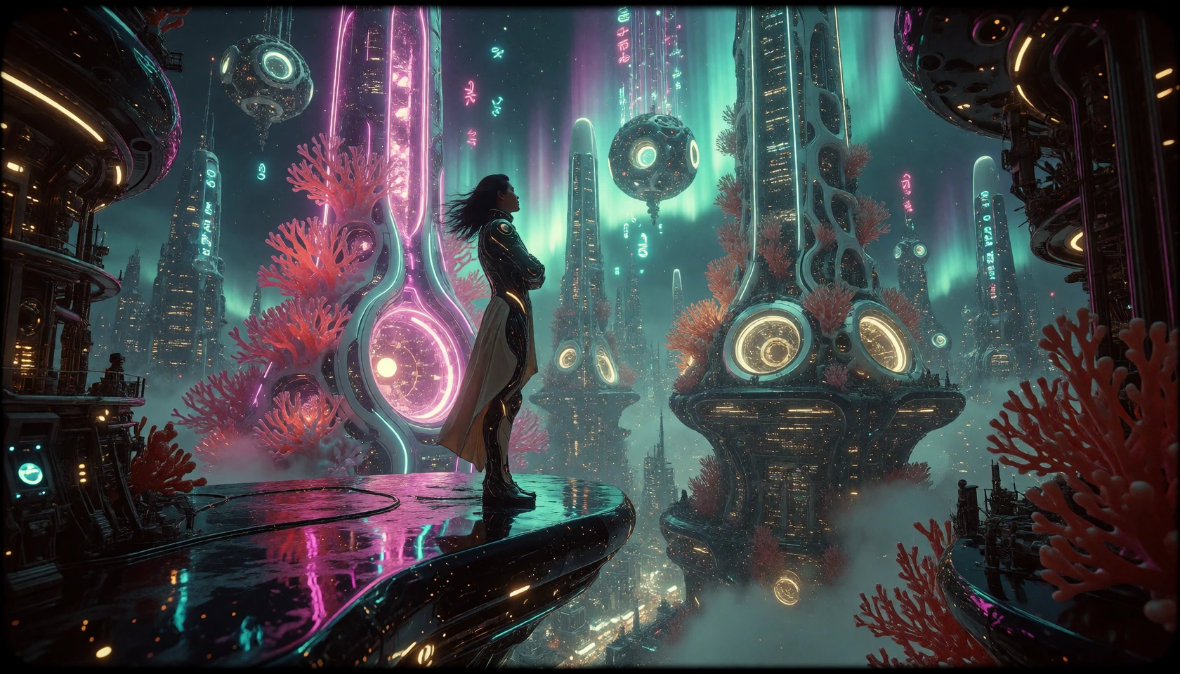 Envision a lone figure standing atop a levitating obsidian platform suspended above a sprawling megacity that has never existed in any photograph or film, chin lifted, arms crossed with unshakeable confidence, silhouetted against impossible bio-lumin