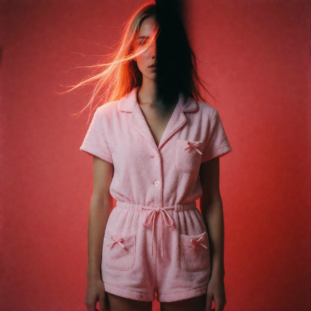a young woman wearing pastel pink terry cloth lounge romper with tiny bow pockets, tight portrait under a violent red flash, half the face swallowed by black, strands of hair glowing orange across one eye, mouth barely open, intimate darkroom energy,