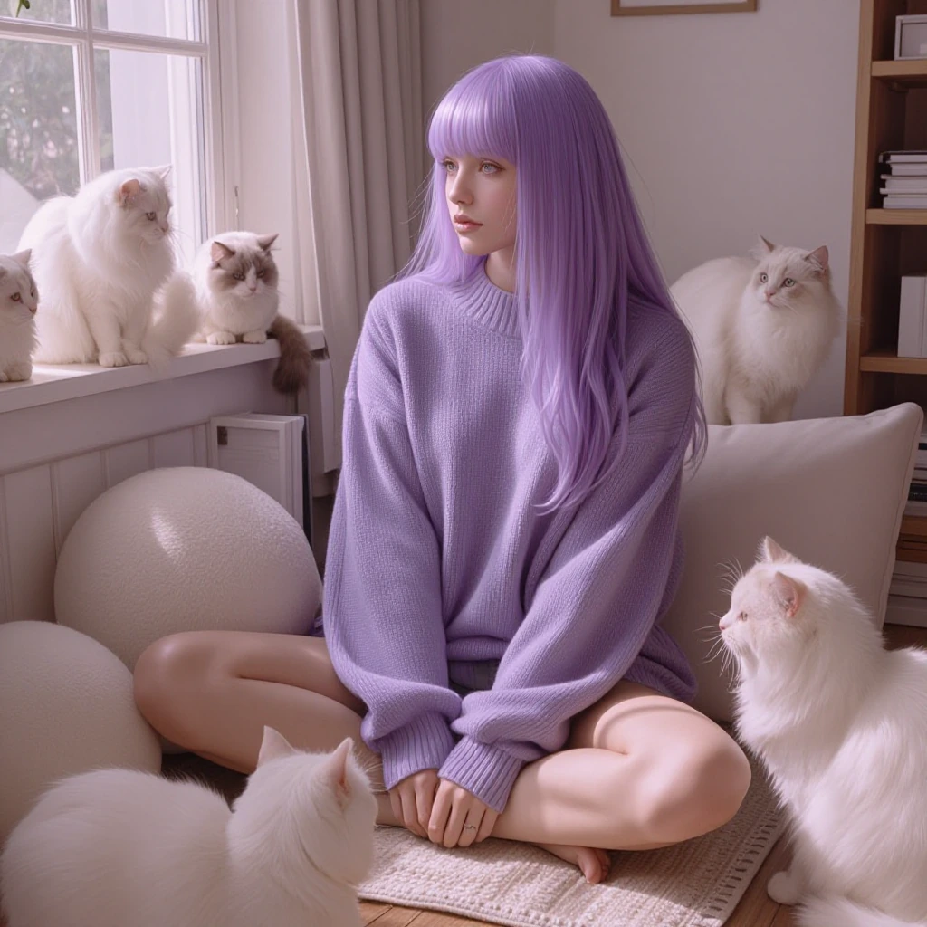 A woman with pastel purple hair sitting crosslegged surrounded by fluffy white and lavender cats, soft natural window lighting, wearing an oversized lavender sweater, cozy bedroom setting with plush pillows