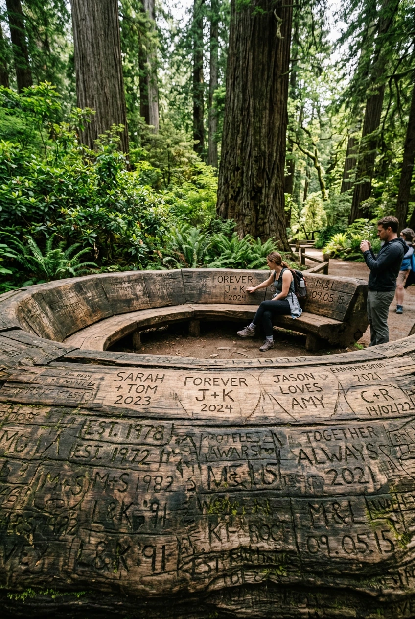Day 3 — Lost Time, Yesterday keeps leaving gifts for tomorrow. Photorealistic. A wonderful verdant National Park. A Great Redwood was felled many years ago and fashioned into a vast circular seating bench, the wood used now bares markings; specifical