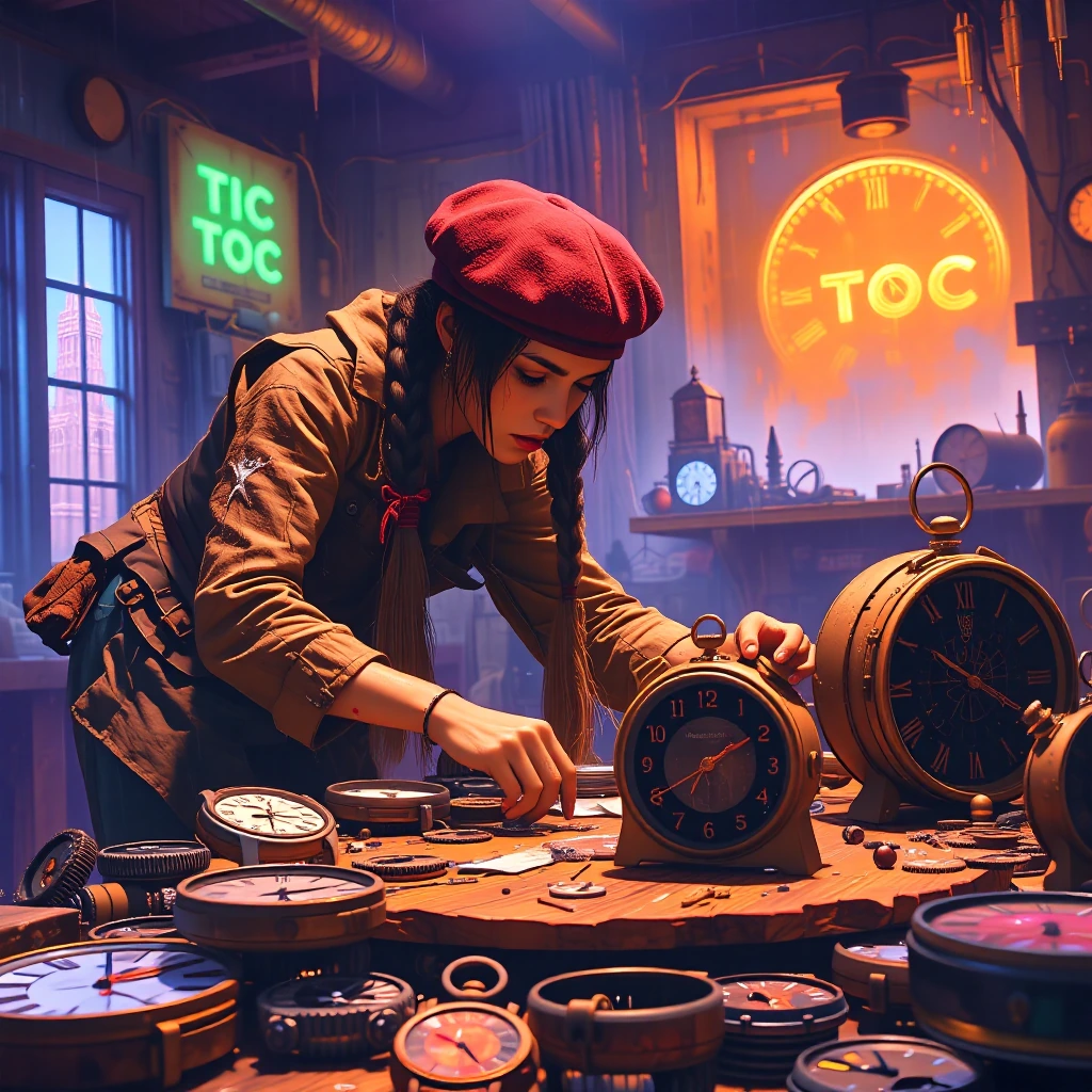 Haggard clockmaker hunched over scarred wooden table, brunette with weathered pigtail braids and tattered beret, trembling fingers among scattered rus