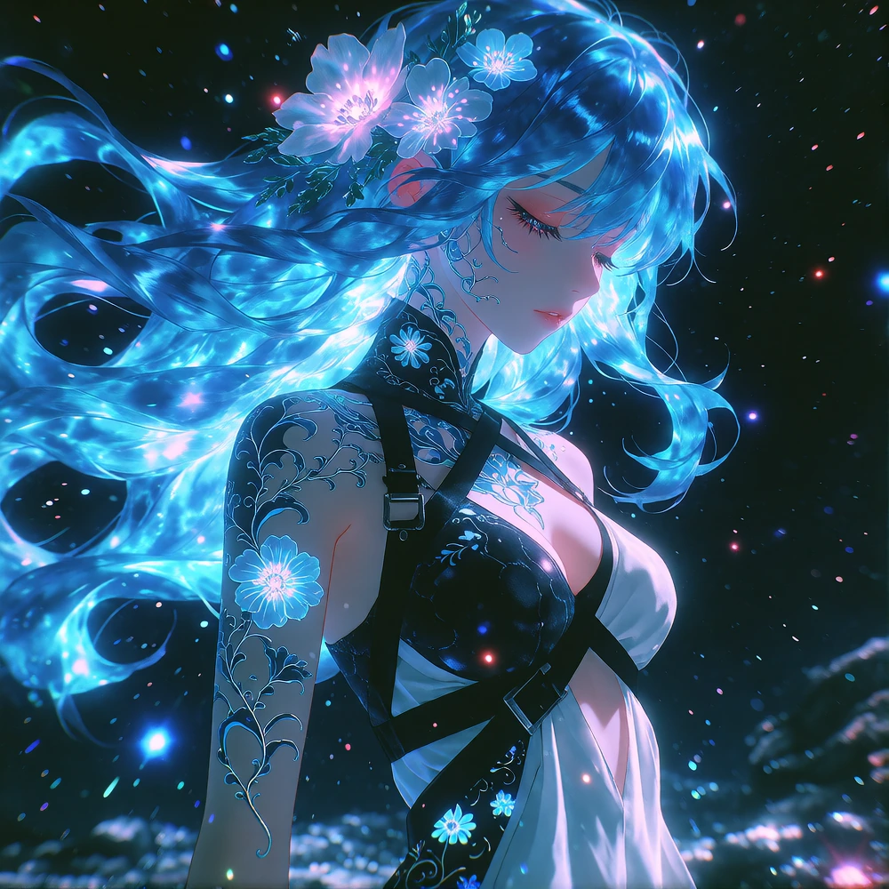 # Luminescent Fantasy A striking anime character radiates ethereal beauty against a starlit void. Her flowing blue hair glows with cyan luminescence, adorned with delicate flowers that echo her ethereal nature. Intricate floral tattoos wind across he