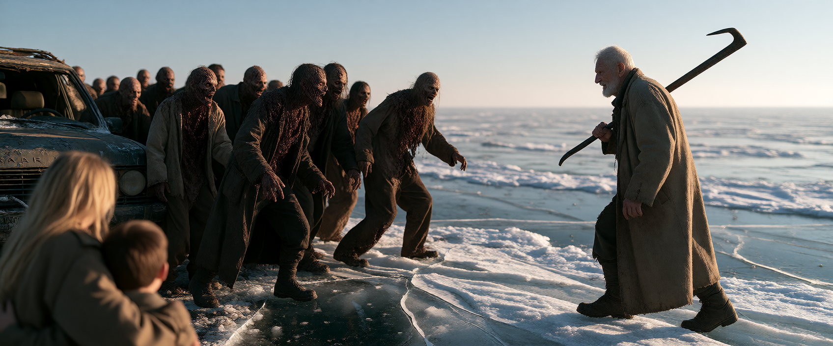 the moment before the ice cracks; During a Zombie Apocalypse an elderly man backs on to a frozen lake carrying a heavy crowbar ready to smash the ice as he uses himself as a lure to bring the Zombie Horde out on to the Ice. The Zombie Horde shambles 