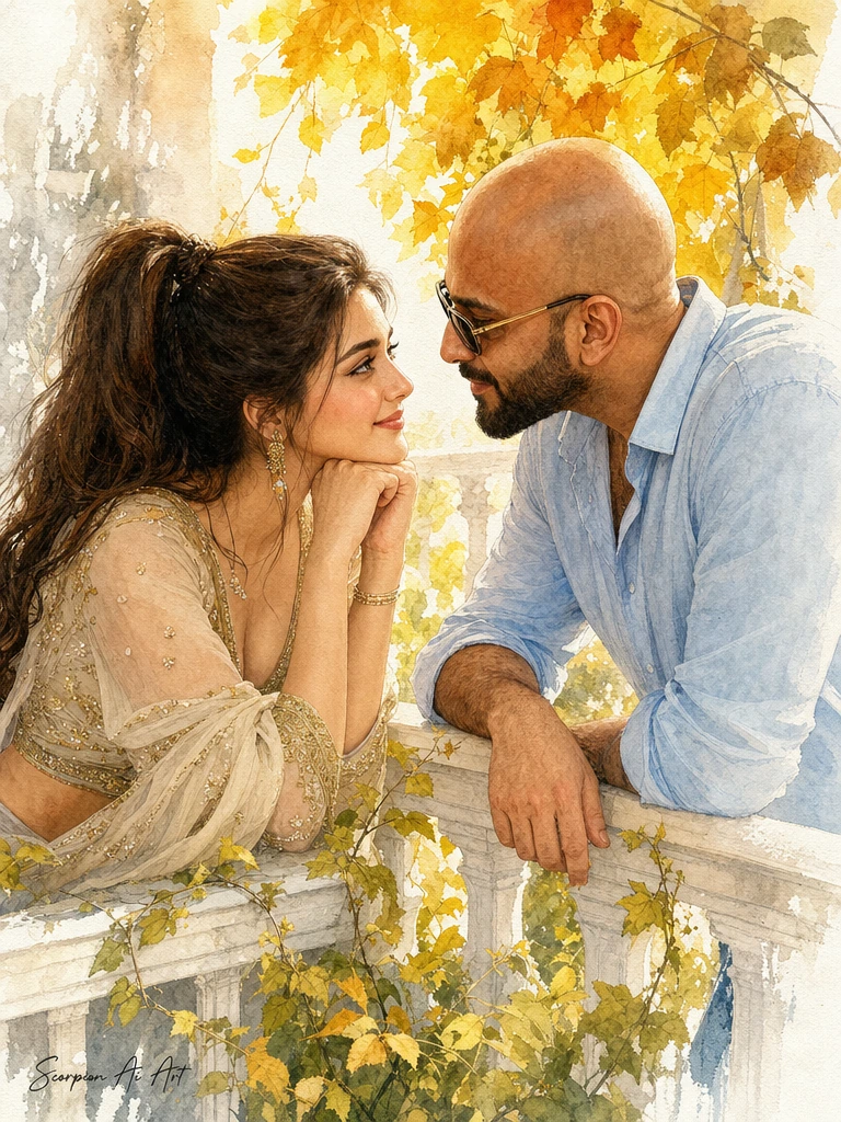 Ultra-realistic IMAX-level Netflix-style cinematic watercolor romantic portrait, 9:16 vertical composition. A bombshell brunette with a dark brown high ponytail and a bald man with a trimmed beard and sunglasses lean closely across a white garden rai