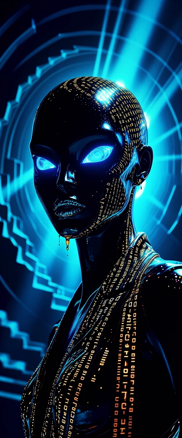 A hyper-detailed, macro-photography portrait of a transcendent, apex demonic entity made entirely of highly polished, Vantablack-like obsidian. The entity’s surface is intricately etched with microscopic, glowing gold cuneiform script and binary code