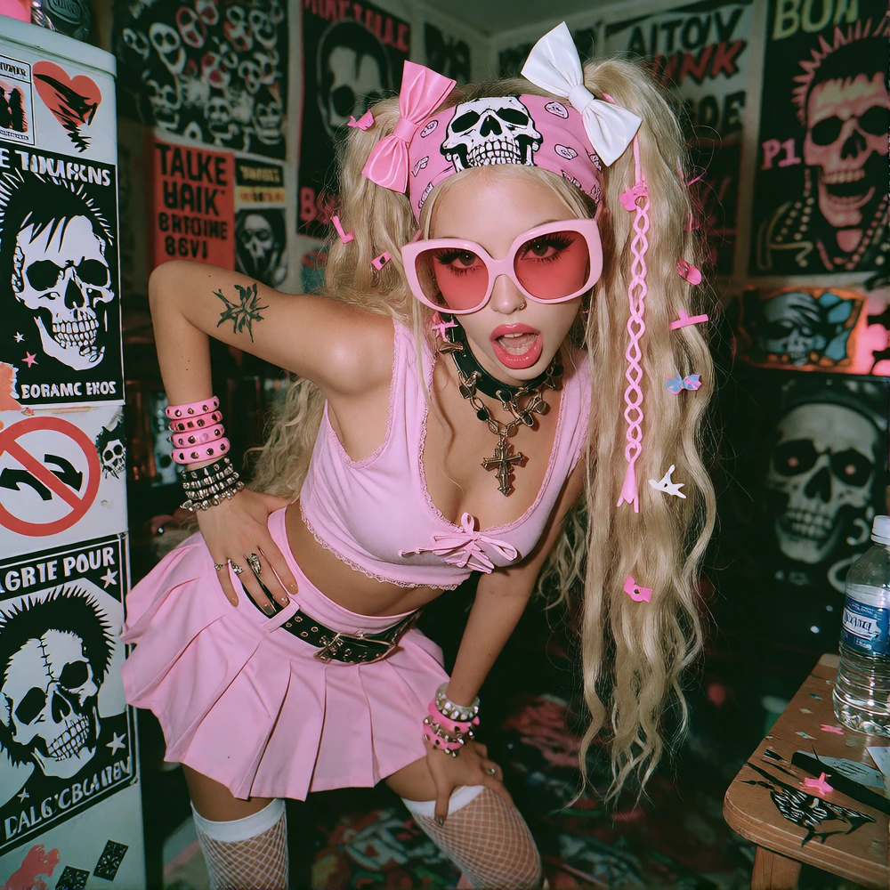 The image is a vibrant, high-energy photograph of a young woman in a punk-inspired outfit posing in a room adorned with punk rock posters. She is dressed in a pastel pink outfit, including a cropped top and a short pleated skirt. Her long, blonde hai