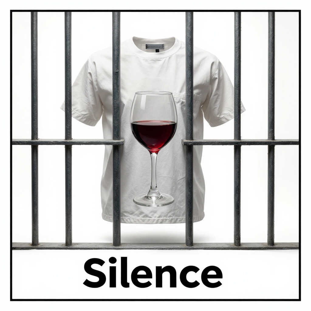 (No humans) Floating on a White Background, (Leave a white border) Prison bars, White Prison Inmate Shirt, Glass of Red Wine. Title: "Silence"