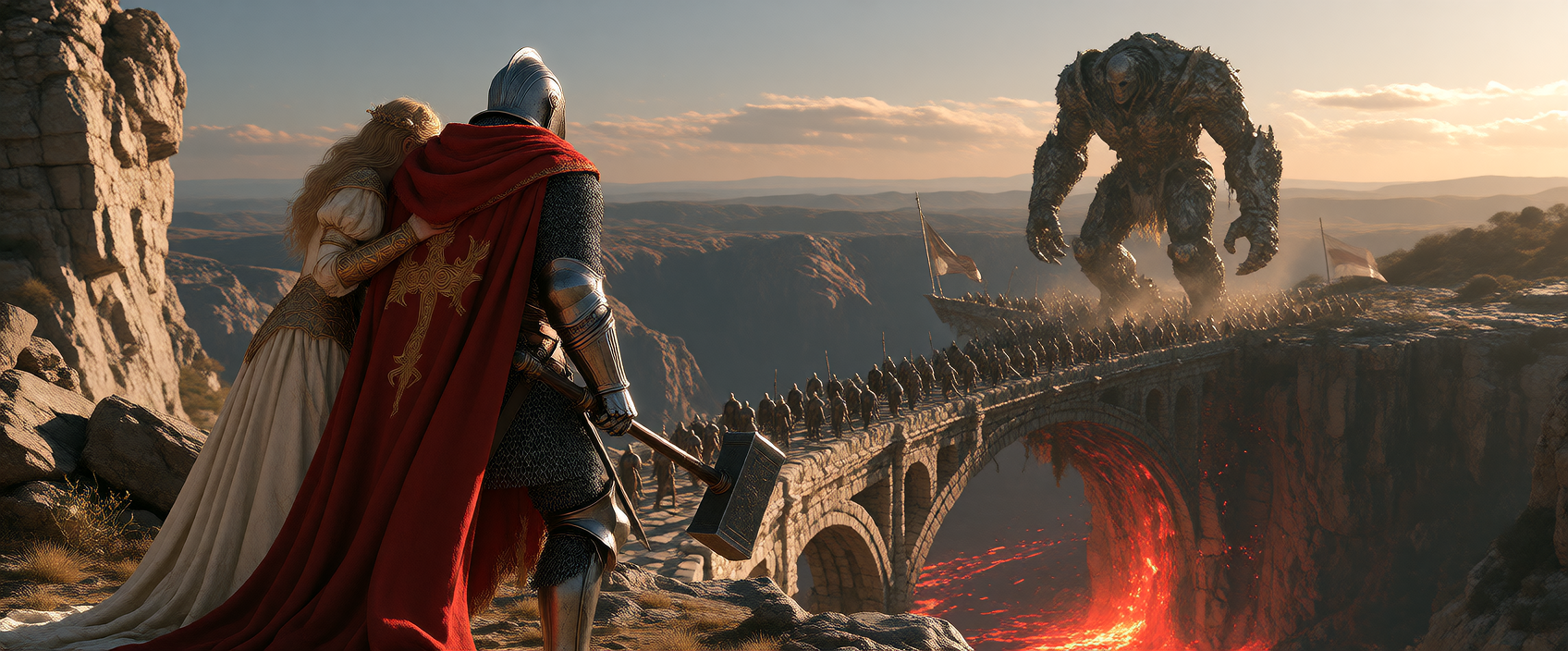 Knight red cape full golden plate mail with helm lowered wielding a two-handed Warhammer, blonde princess sheltering behind him. His enemy a towering 