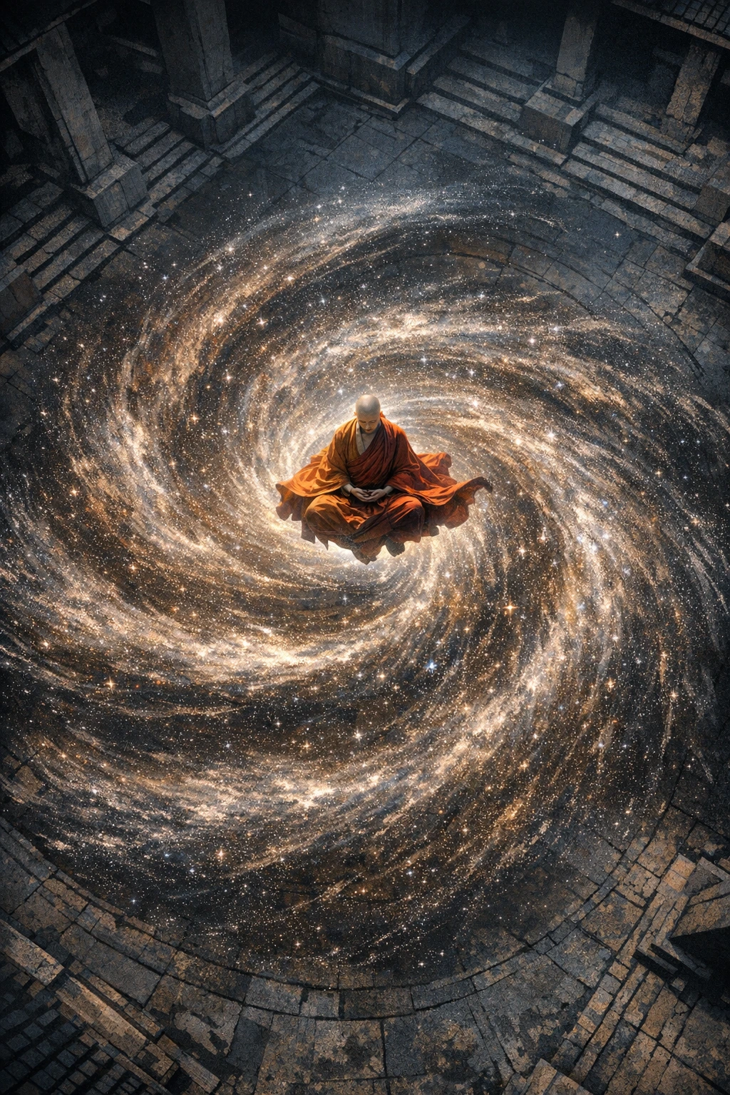 A levitating monk controlling a vortex of cosmic dust in a temple courtyard.The scene starts with dust particles swirling around the still figure. Cam