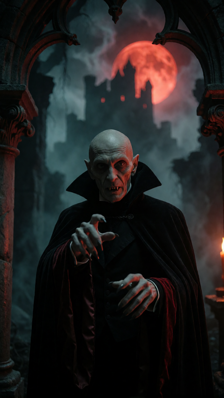 Cinematic portrait of Count Orlok (Nosferatu) in a dark, gothic crypt. Pale, gaunt face with sharp fangs, long skeletal fingers reaching toward the vi