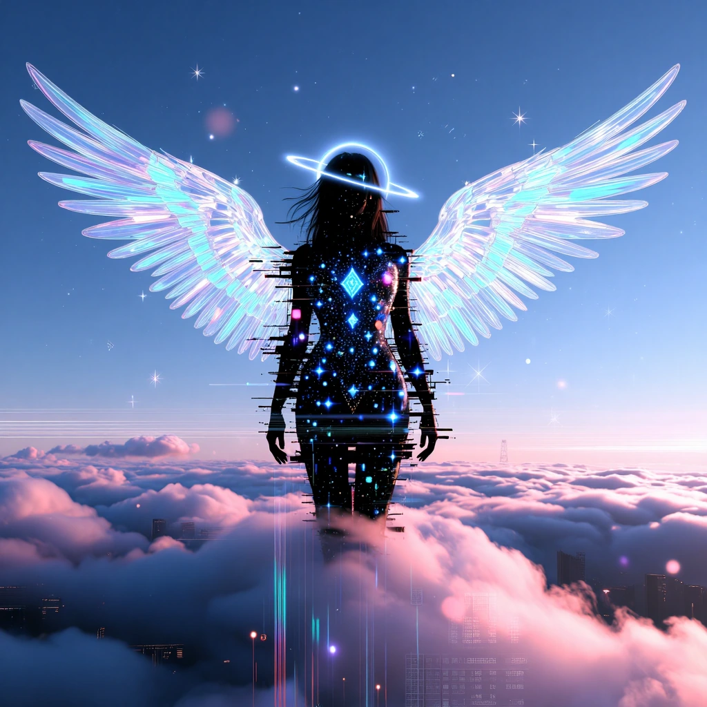 A celestial figure emerges against a twilight blue sky, their silhouetted head crowned with a glowing Saturn ring halo. Translucent iridescent wings o