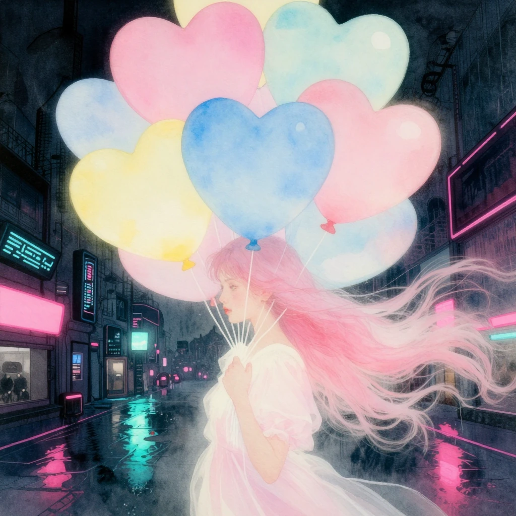 In an enchanting watercolor artwork, visualize a dreamy portrait with mesmerizing heart-shaped balloons in soft pastels of pink, blue, and yellow. War