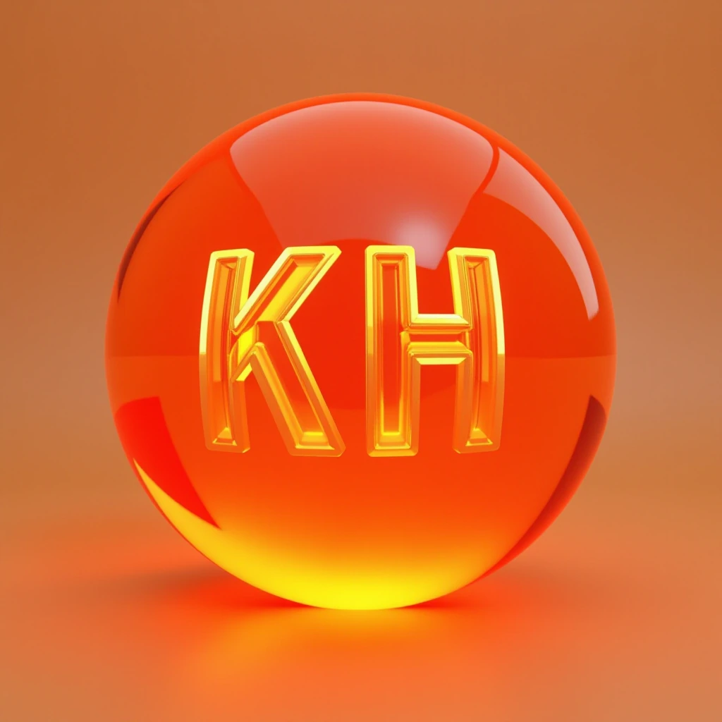 An 3d orange crystal sphere with the letters KH in it