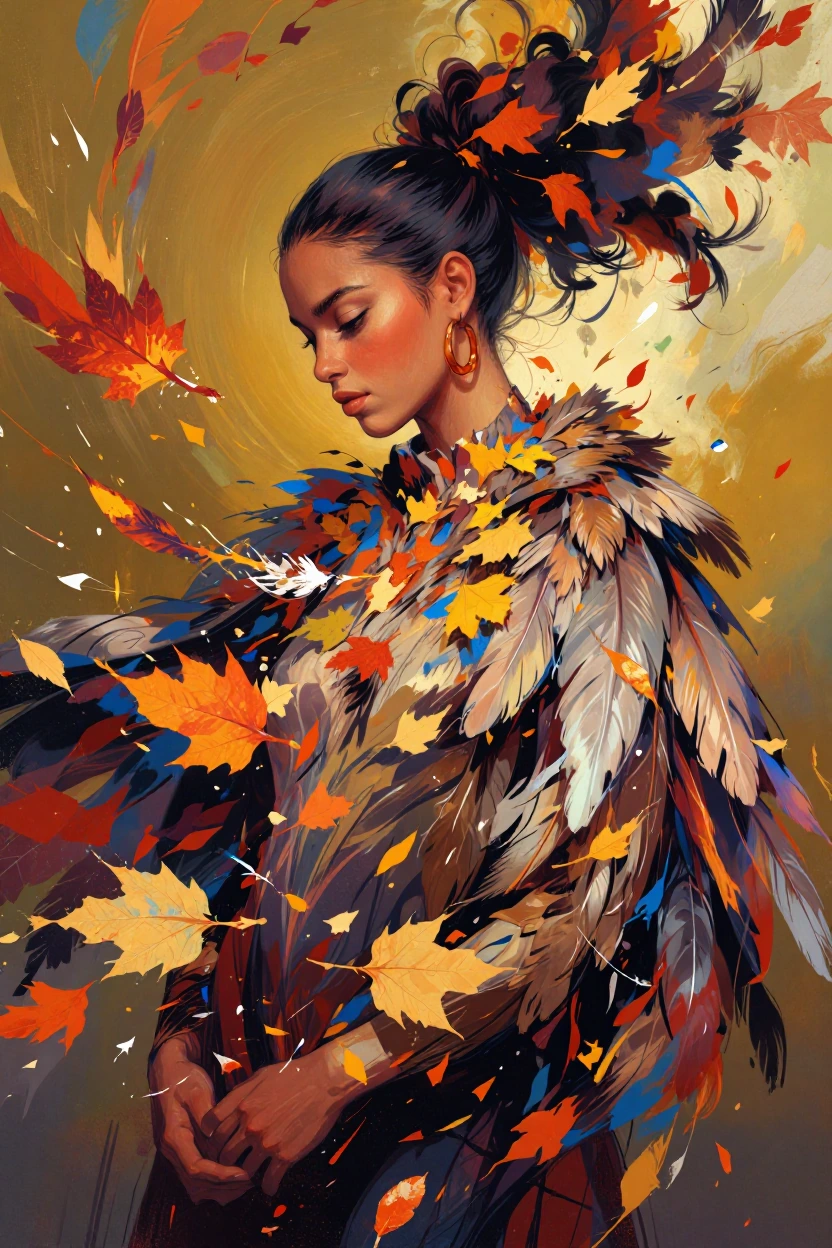 Tachism portrait of a dark-haired woman with tanned skin in a severe high ponytail, wearing amber hoops and a matching pendant, draped in a feather cl