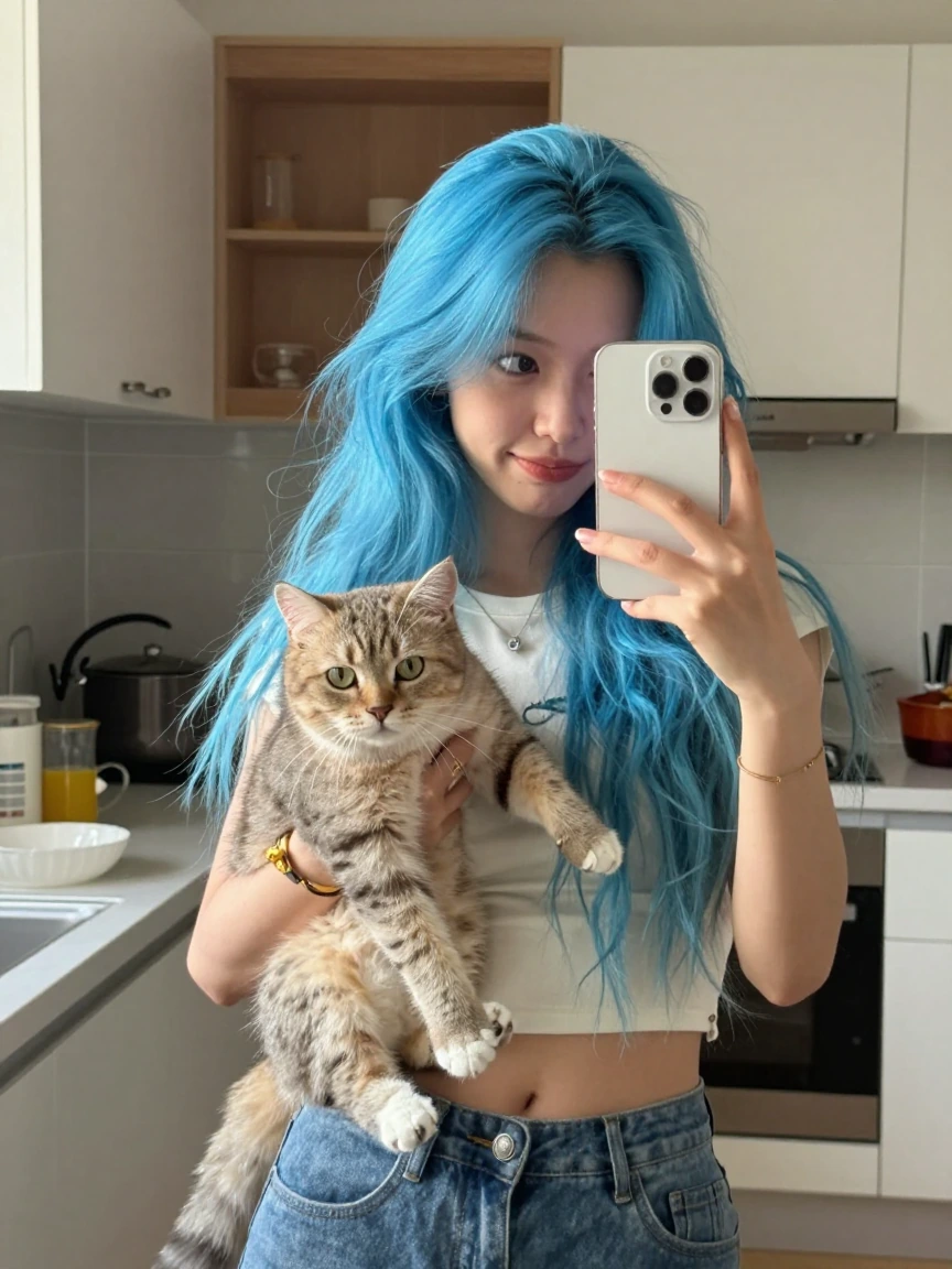Crazy girlfriend, taking a selfie with her cat in a sunny kitchen. Very colorful. Long powder blue hair