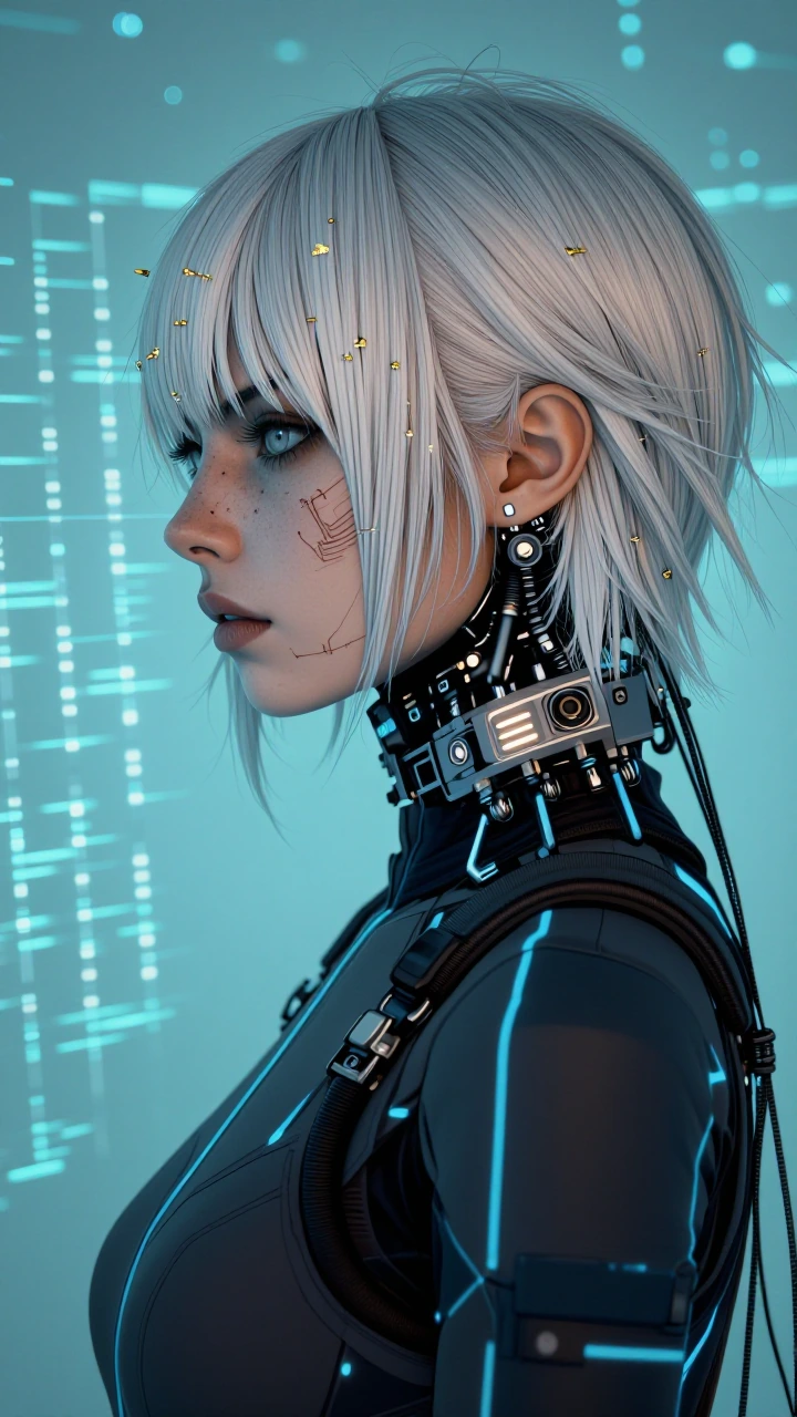 Synthetic android operative in profile, platinum hair in severe straight lines with sharp-edged gold cyber pins, pale skin with visible circuit-line s