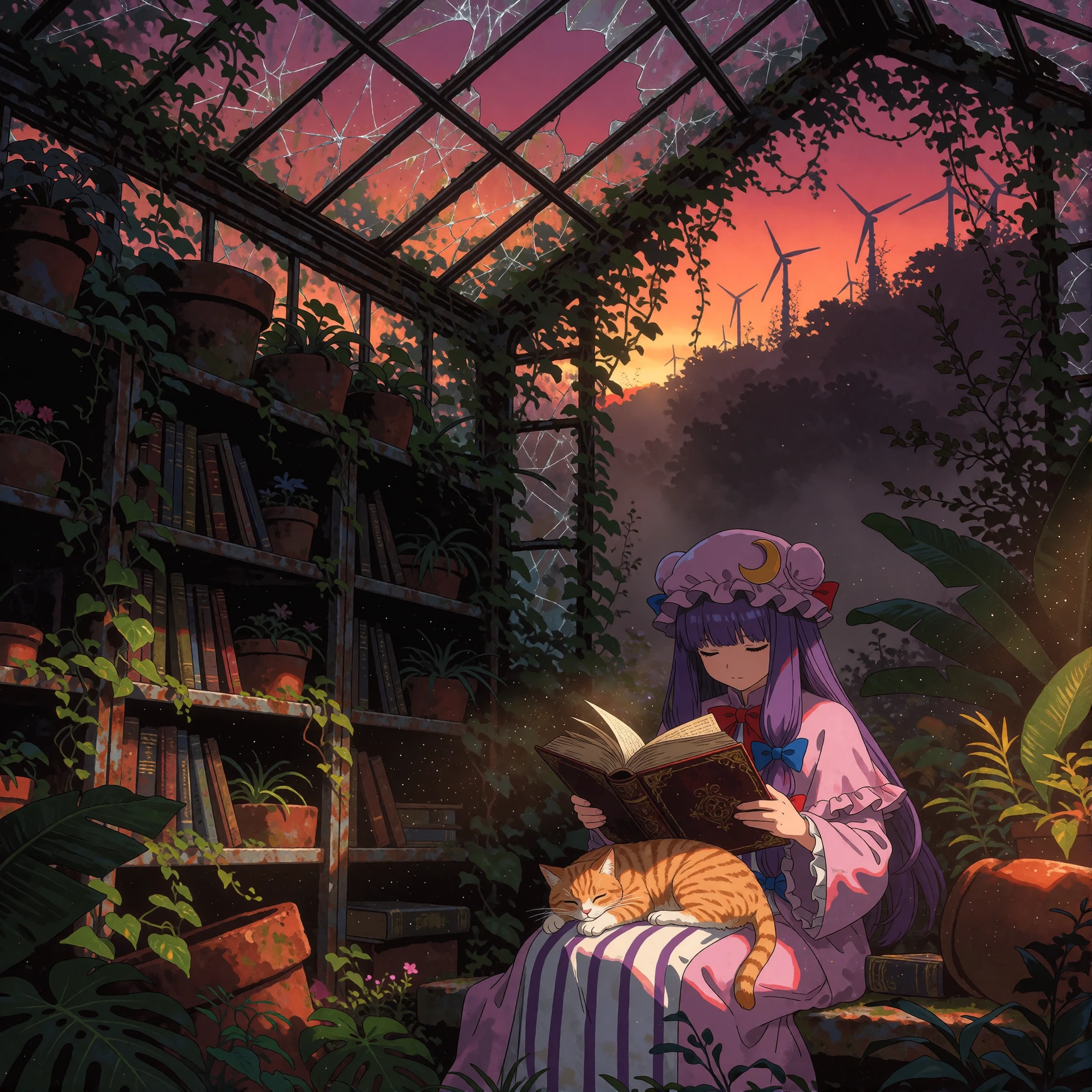 A nostalgic, warmtoned anime scene of Patchouli Knowledge reading a thick leatherbound tome inside a greenhouse that has been partially reclaimed by nature, cracked glass panels overhead revealing a gradient sunset sky in shades of tangerine, magenta