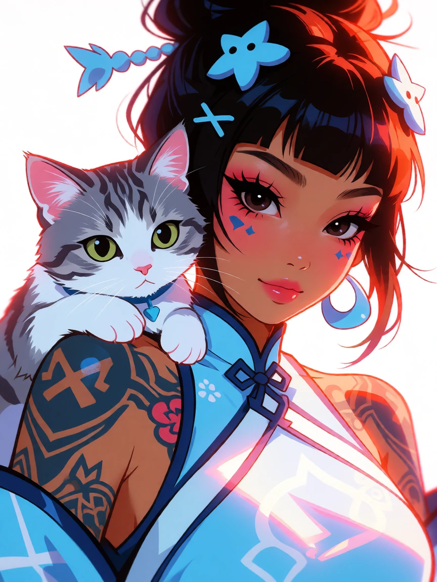 beautiful Vaporean woman cosplay, cat on shoulder, in the style of high dynamic range, kawaii art, light blue and white, animated illustrations, daz3d, exotic realism, tattooinspired, vibrant manga, closeup intensity, japaneseinspired, high energy, h