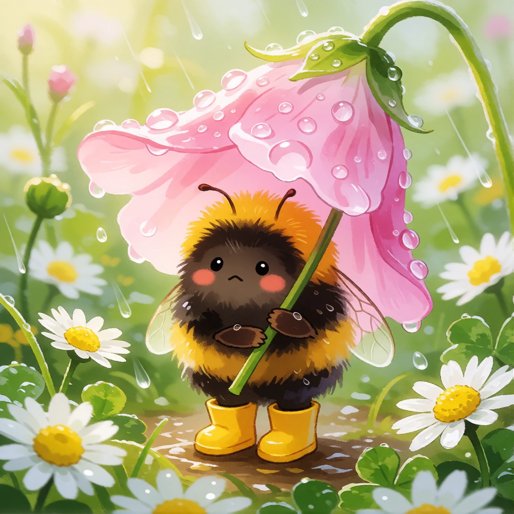 An adorable round bumblebee sheltering from the rain beneath a translucent pink flower petal, holding the stem with tiny paws, sparkling raindrops, miniature yellow rain boots, wet meadow filled with daisies and clover, sweet slightly worried express