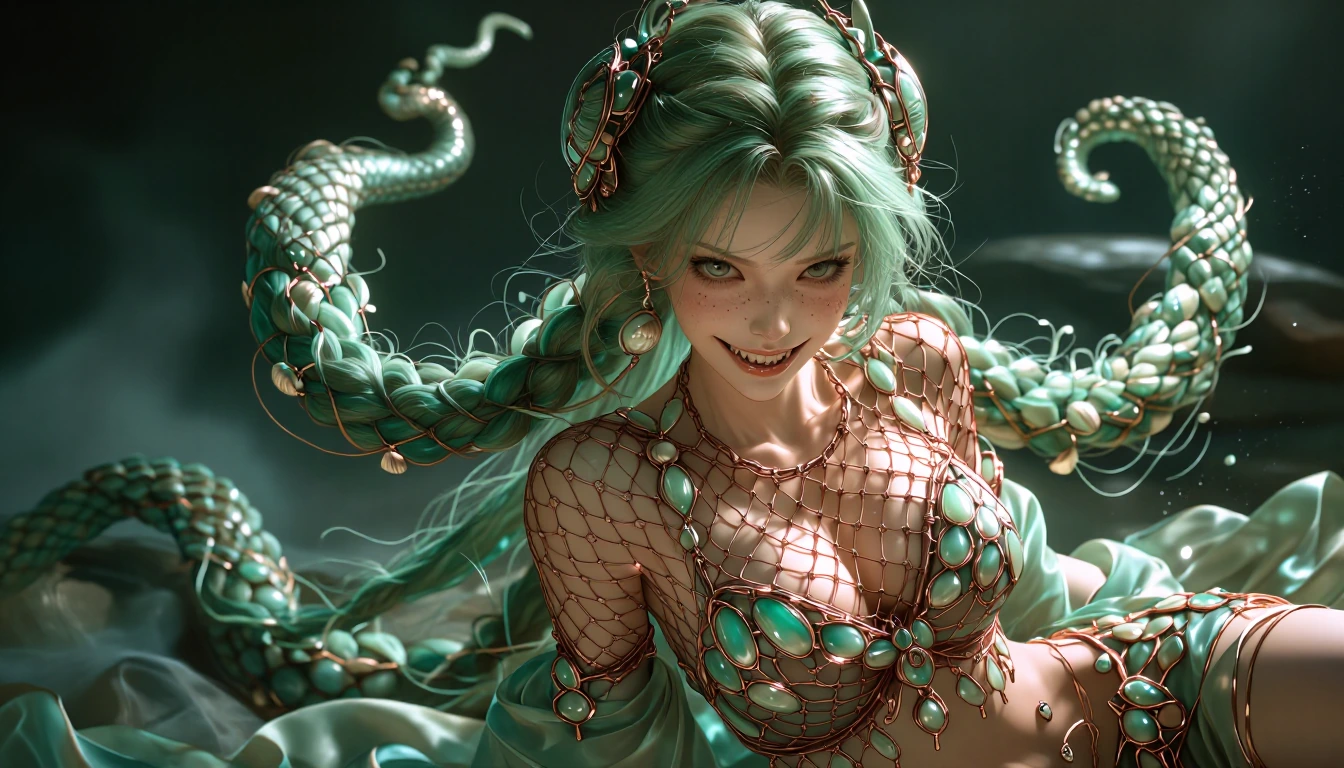 Stunningly Cute Woman with Ultra-long Jade-Green hair styled in a braided high ponytail that coils around her body like a serpent, her mouth has elongated fangs giving her a pronounced overbite. She has a cute button nose, high cheekbones and an angu