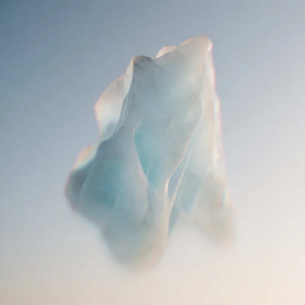 A glacier's spectral form rendered as a translucent, towering presence of pale blue-white ice suspended in a vast empty sky, photographed through heat-haze distortion so it shimmers and wavers like a mirage about to dissolve. Lit from behind by cold
