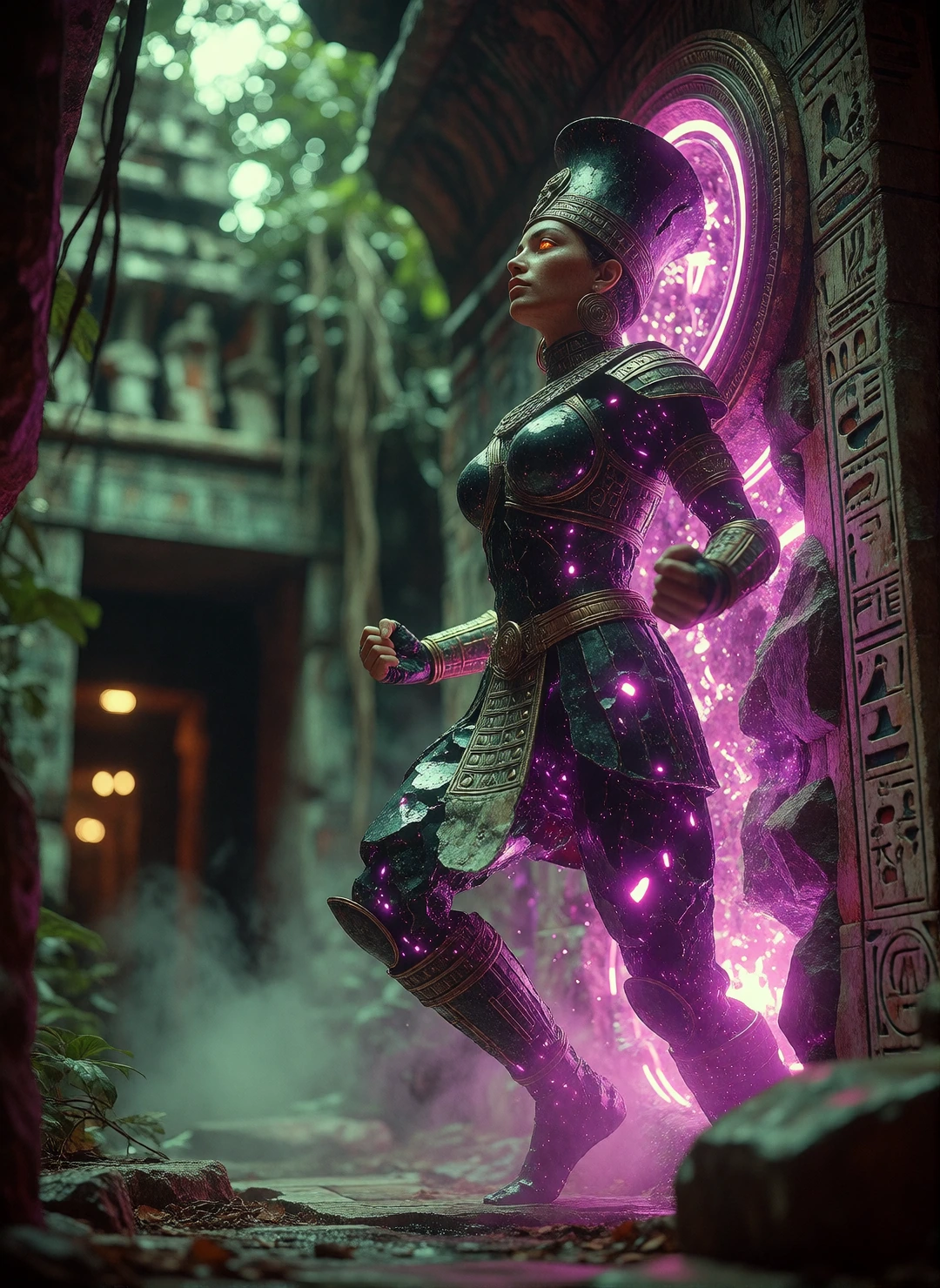 Unveil an ancient warrior-queen's statue cracking open from within a forgotten stone temple, her obsidian armor splitting apart as bioluminescent neon circuitry pulses beneath the surface like something excavated from a civilization that never should