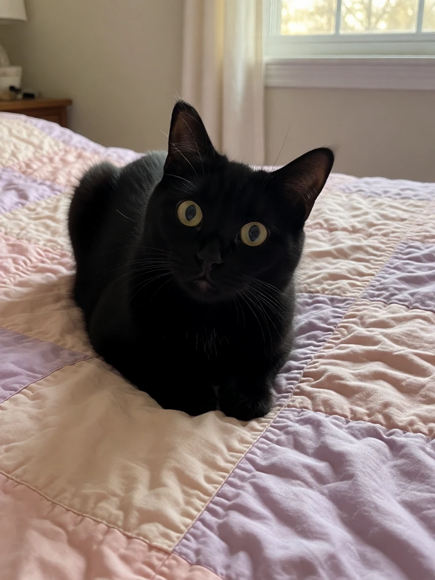 amateur candid photograph of a real black cat doing something adorable on a pink patchwork quilt, tiny paws tucked under its chest like a loaf, one ea