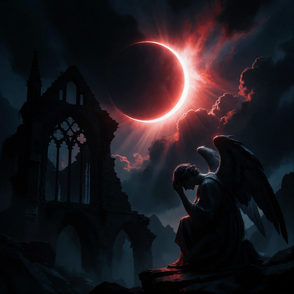 A cinematic shot of the total solar eclipse on 12 August 2026, with a dark and dramatic atmosphere: the sun is a thin, menacing crescent of blood-red light piercing an inky-black void, with the jagged black silhouette of ancient Gothic ruins in the f