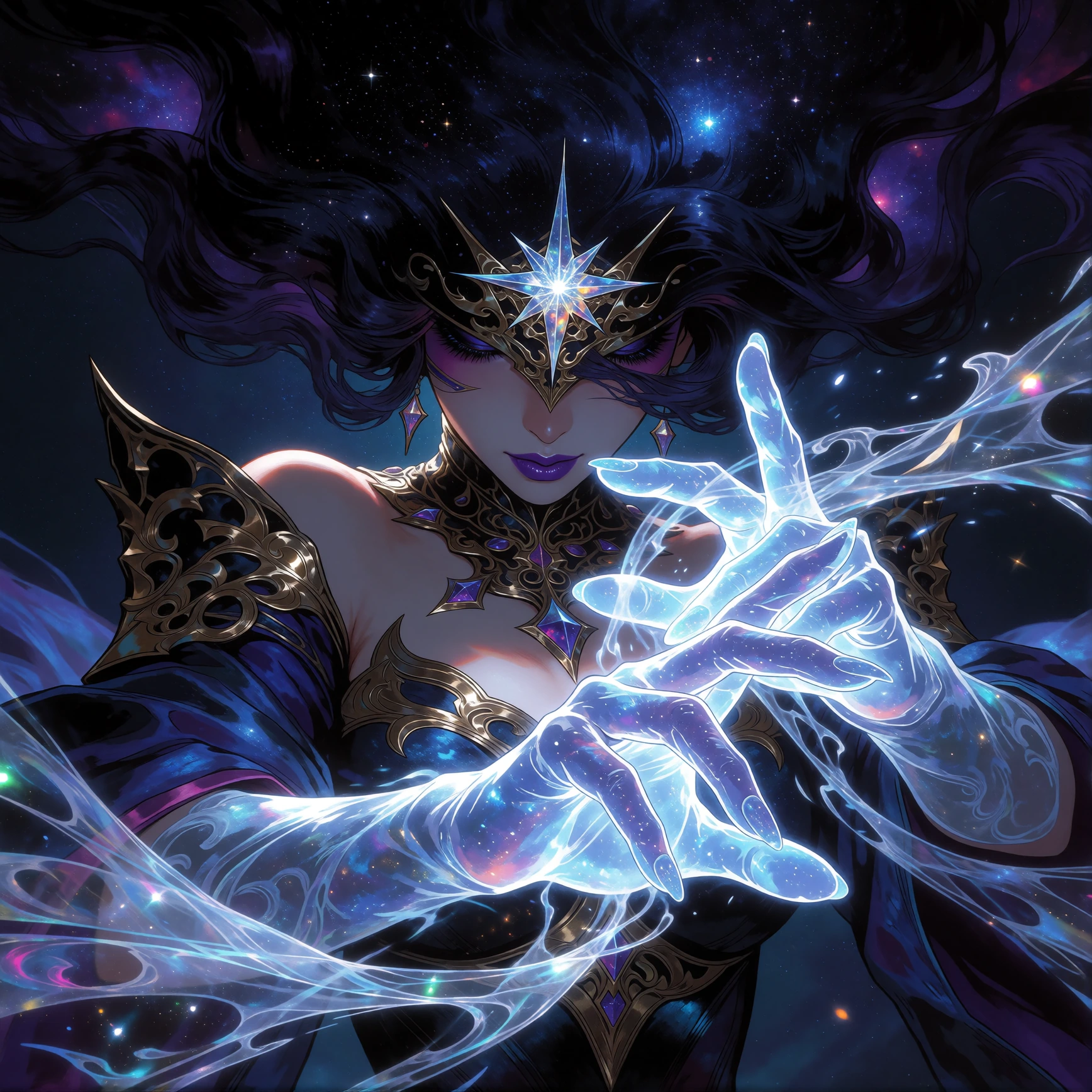 The image depicts a stylized, ethereal female figure with a cosmic theme. The figure is central to the composition, occupying most of the frame. Her upper body is adorned with a dark, ornate headdress that extends upwards and is integrated with what 