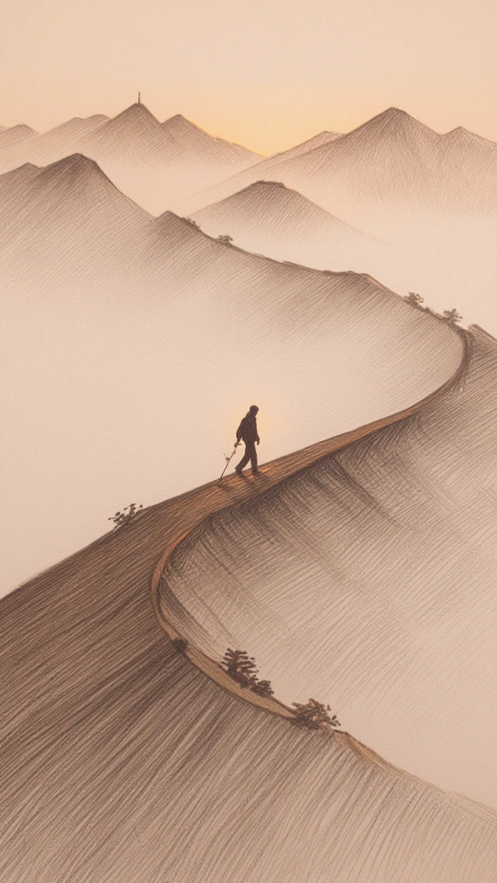 A lone figure in silhouette walking a razor-thin mountain ridge at dawn, surrounded by stacked layers of fog so dense the peaks dissolve into white wi