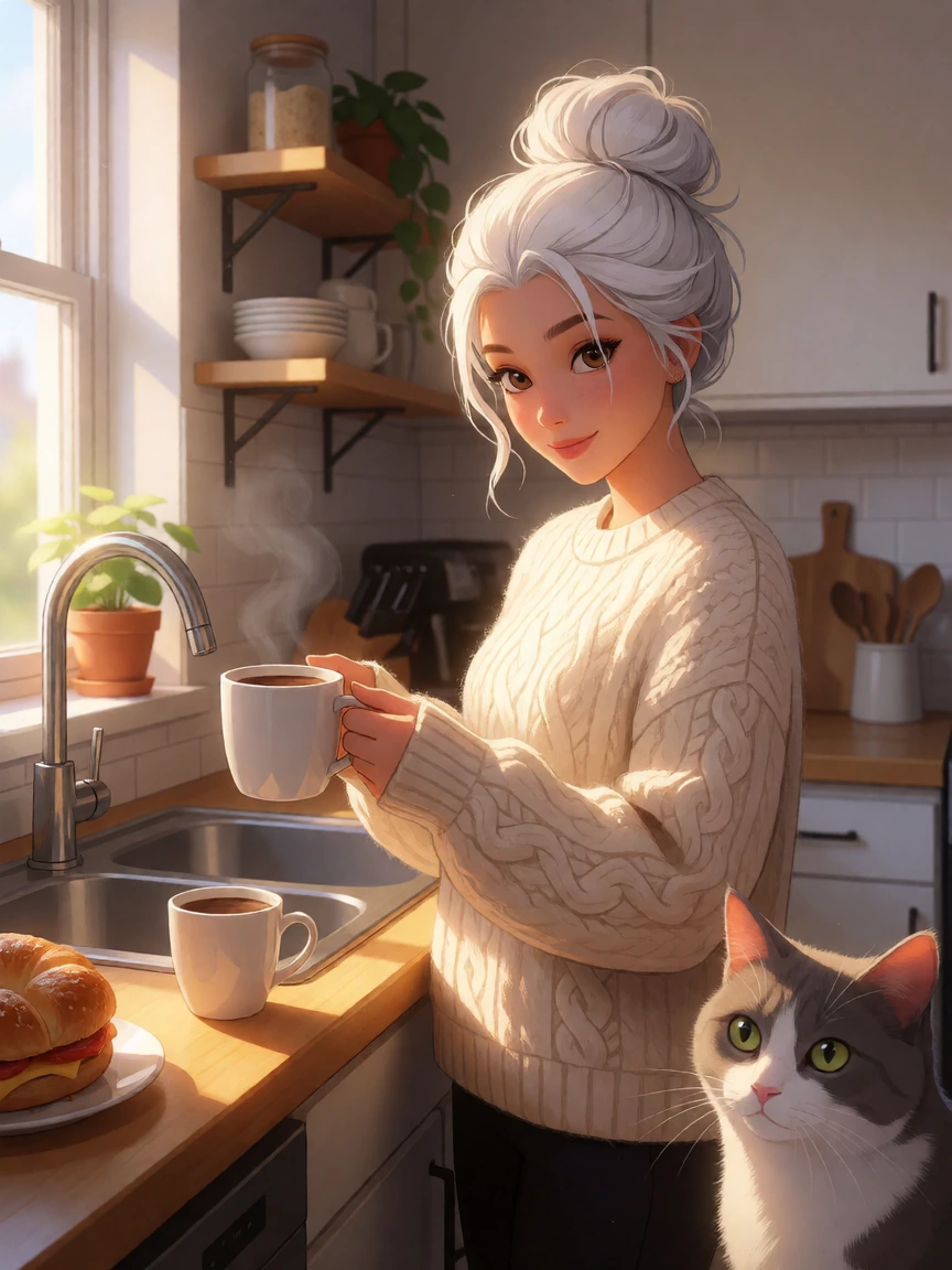 Beautiful woman, platinum messy bun hair in the kitchen, getting coffee, cat nearby, sunny day, comfortcore, cozy coffee time