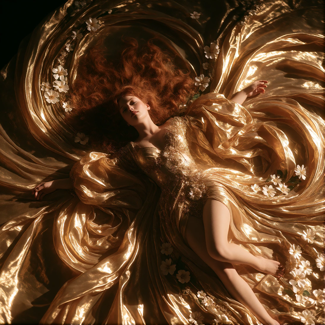 Overhead shot of a red-haired woman reclining on crumpled gold silk, gazing upward at the camera with triumphant expression. Warm amber key light cuts across her face and fabrics; cool highlights glint off jewelled costume and metal. Deep shadows poo